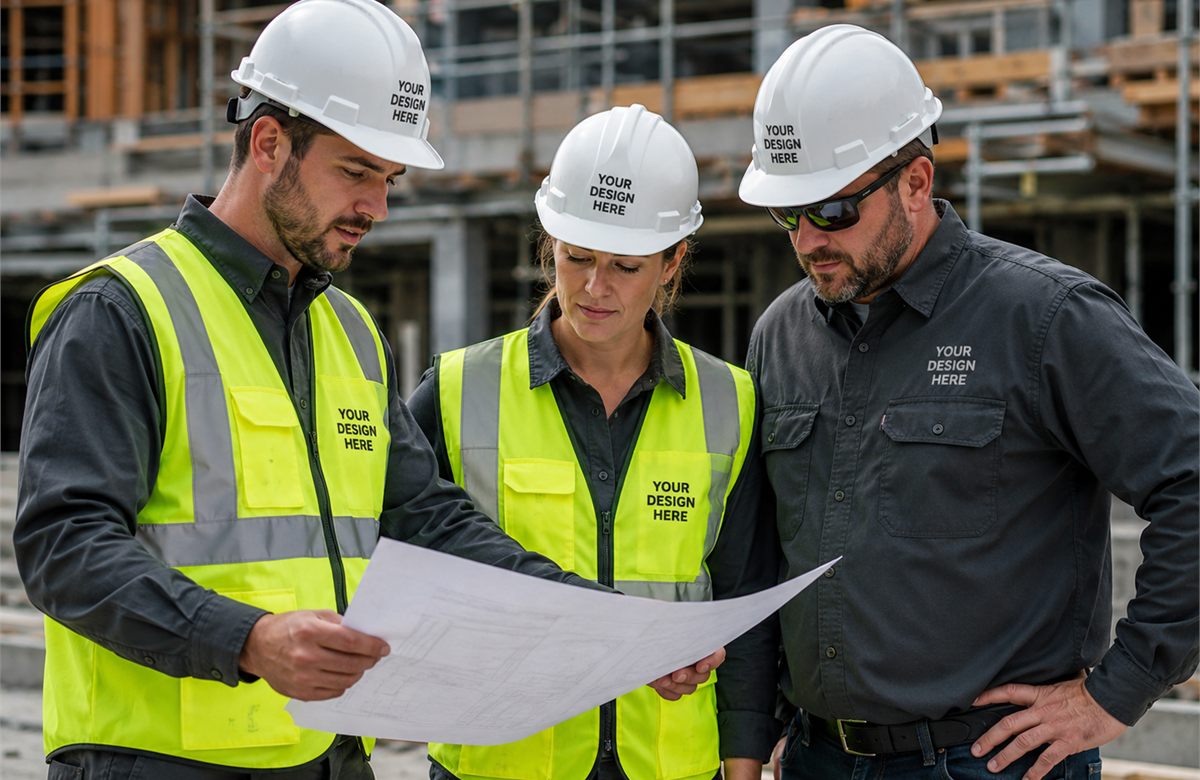 Construction workwear including safety vests and durable uniforms