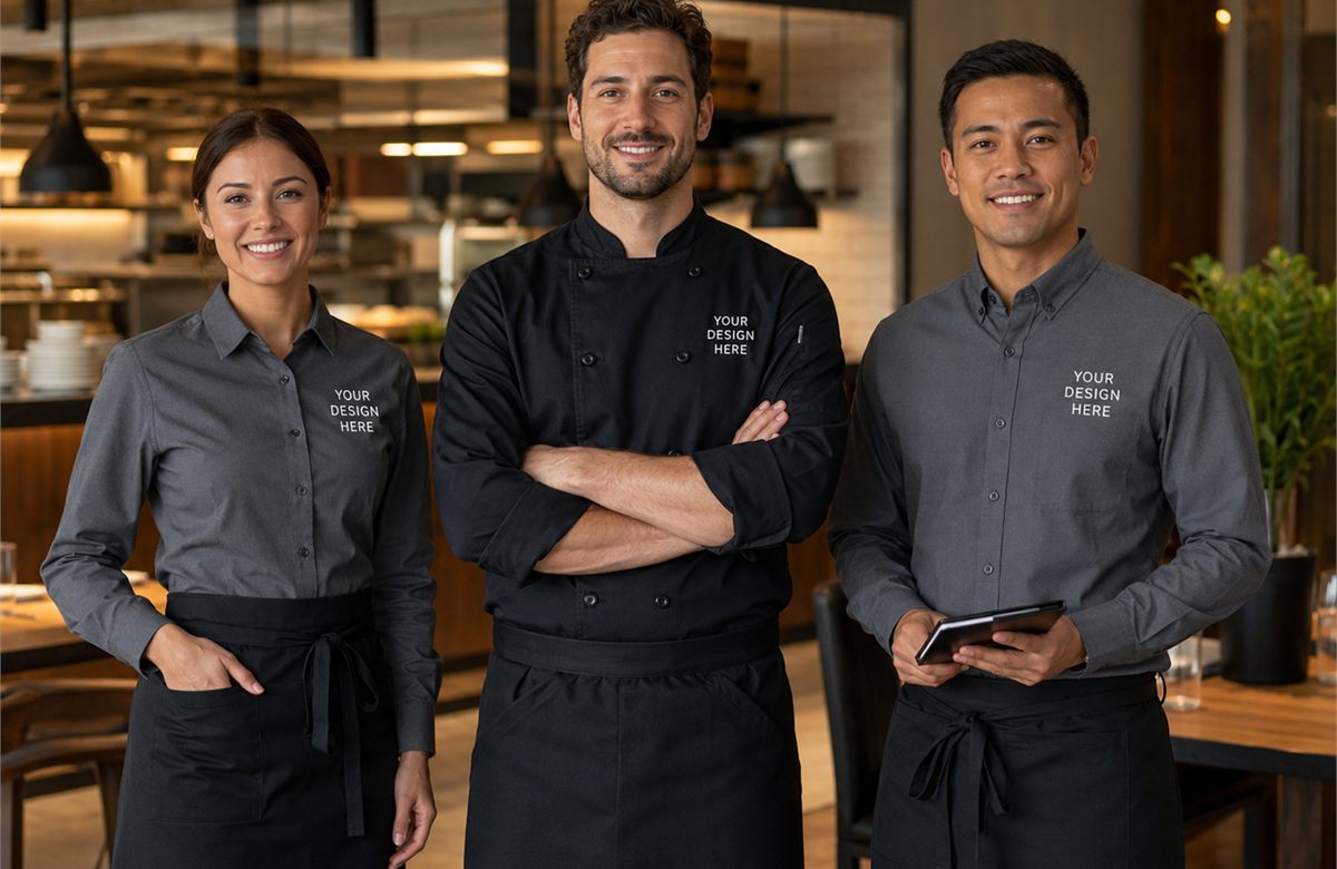 Restaurant uniforms for staff including aprons and shirts