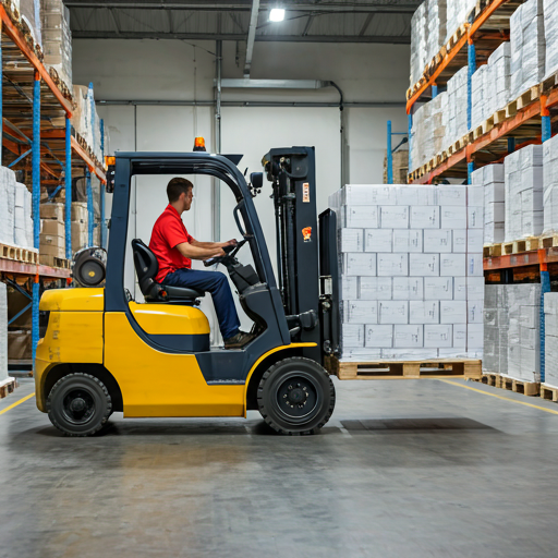 Forklift moving inventory in a distribution center